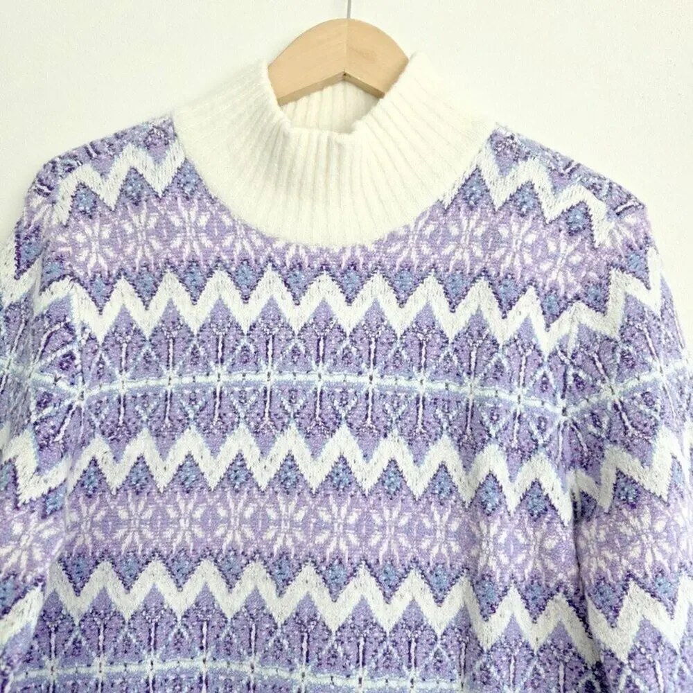 Talbots NWT Wool Blend Lavender Purple Cream White Turtleneck Alpine Sweater